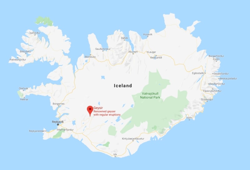 гейзер в Исландии на карте