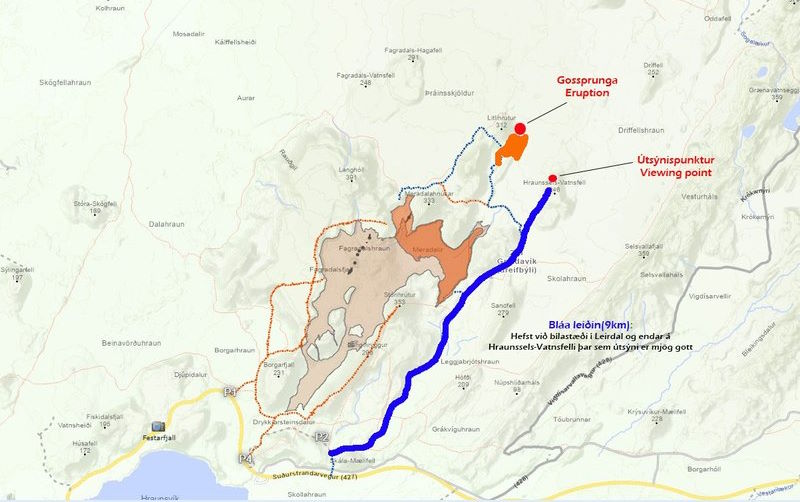 tracking map to the Litli Hrutur volcano eruption in Iceland 2023